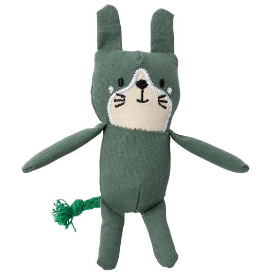 Myrtle green cotton cat plush toy with embroidered face and braided tail.
