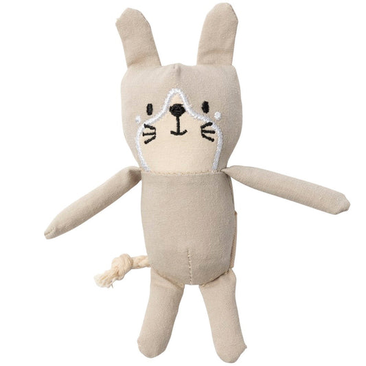 FuzzYard Life Sandstone cotton cat plush toy with embroidered face and rope tail.