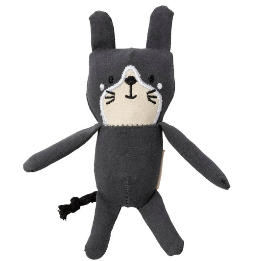 Slate grey FuzzYard Life cotton cat plush toy with white face, embroidered features, and braided tail.