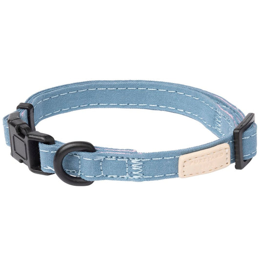 FuzzYard Life French Blue cotton dog collar with matte black hardware and a beige brand tag.
