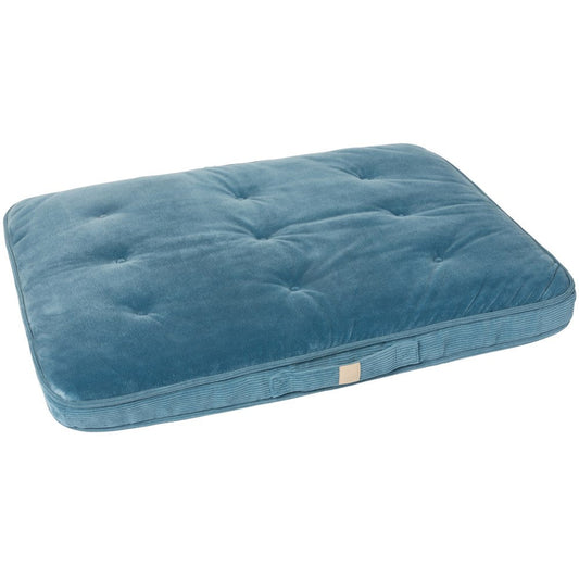 French blue FuzzYard Life Lounge Mat dog bed with tufted velvet top and ribbed corduroy sides.