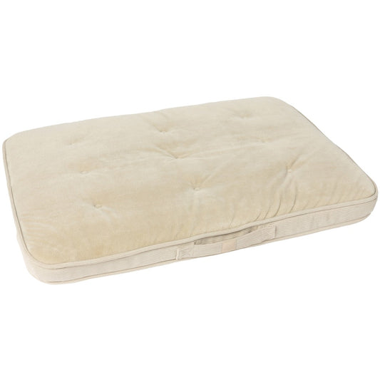 Sandstone FuzzYard Life Lounge Mat Dog Bed with tufted pillow top and side handle.