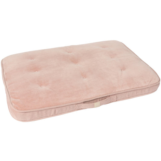 Soft blush FuzzYard Life Lounge Mat dog bed with button tufting, corduroy sides, and a carry handle.