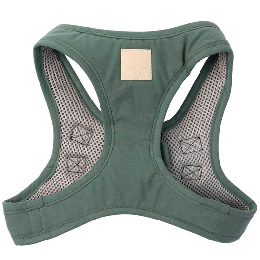 FuzzYard Life Step-in Dog Harness in Myrtle Green cotton with breathable mesh lining and tan brand tag.