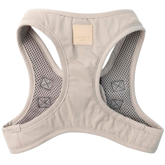FuzzYard Life Step-in Dog Harness in sandstone cotton with breathable mesh lining and leather-look logo.