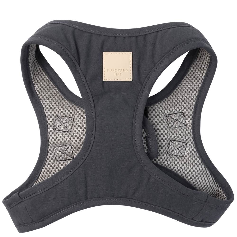 FuzzYard Life Slate Grey cotton step-in dog harness with breathable mesh lining and a beige brand tag.