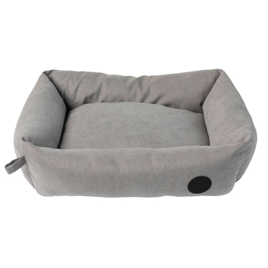 FuzzYard Lounge Dog Bed in Stone Grey, a plush polyester pet bed with raised sides and a removable cushion.