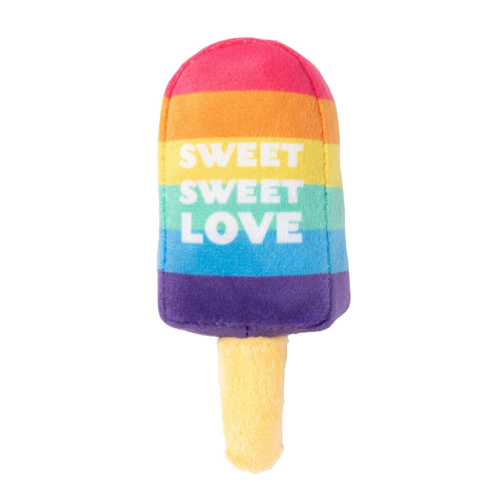 Plush rainbow icy pole cat toy with "SWEET SWEET LOVE" text and a yellow stick.