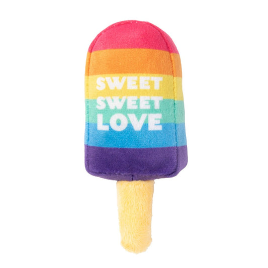Plush rainbow icy pole cat toy with "SWEET SWEET LOVE" text and a yellow stick.