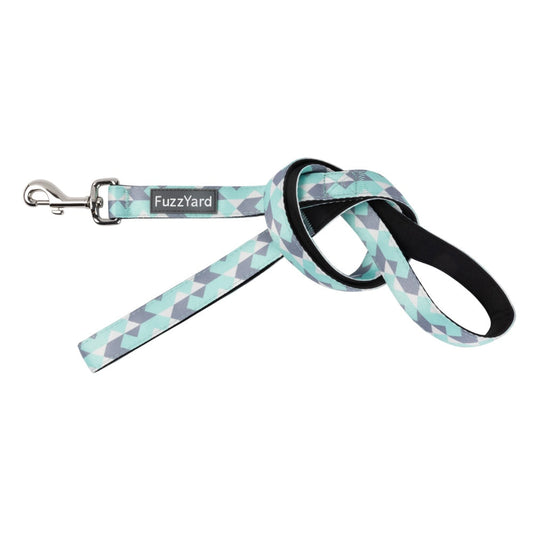 FuzzYard Mint Fizz dog lead with teal and grey geometric pattern, neoprene material, and 360° rotating clasp.