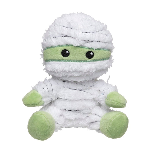 FuzzYard Mumzy plush dog toy: white mummy with green accents, black eyes, and a soft, fluffy texture.