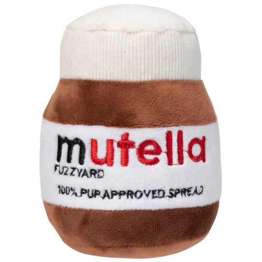FuzzYard Mutella plush dog toy, shaped like a Nutella jar, with brown and white fabric, and red "mutella" text.