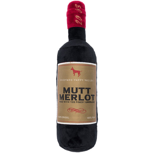 FuzzYard Mutt Merlot plush dog toy, a black wine bottle with a red foil top and gold label.