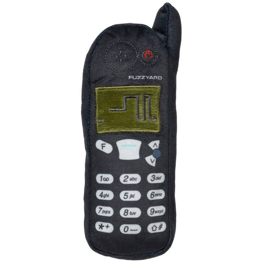 FuzzYard Nokidog plush dog toy, a dark grey retro-style phone with an olive screen and white buttons.