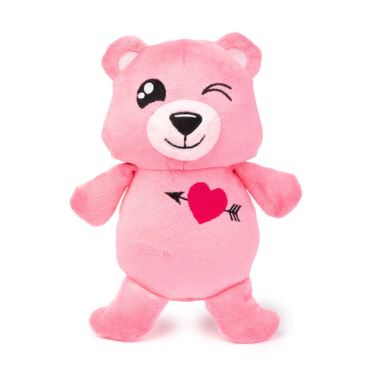 Pink FuzzYard Nothin' Butt Love Bear dog toy with a winking face and heart-shot arrow design.