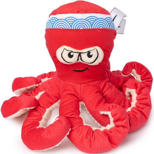 Red FuzzYard Octo-Posse Takoyaki plush dog toy with chef headband and springy legs.