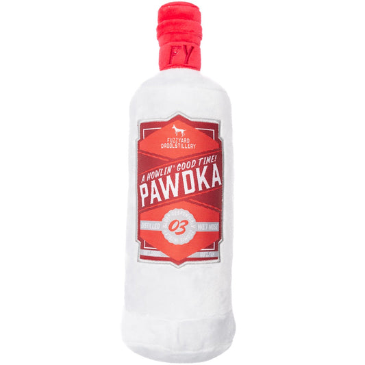 White plush FuzzYard Pawdka dog toy shaped like a vodka bottle with a red cap and label.