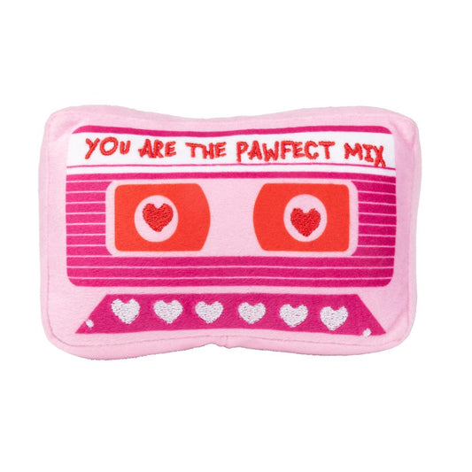Pink plush FuzzYard Pawfect Mix Tape dog toy with "You Are The Pawfect Mix" text and heart details.