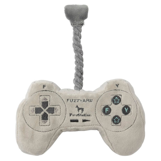 FuzzYard PawStation Controller plush dog toy, light grey with black buttons and a braided rope handle.