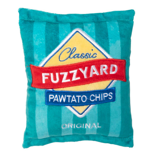 Teal striped FuzzYard Pawtato Chips plush dog toy with red, yellow, and blue logo.