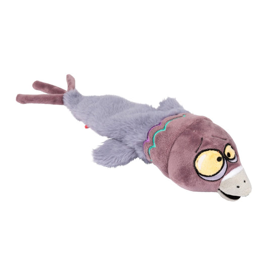FuzzYard Peace Out Pigeon plush dog toy: long, stuffing-free, gray body with a brown head and embroidered eyes.