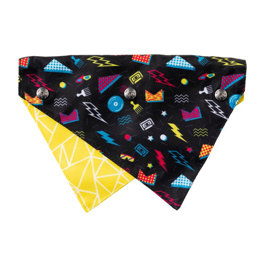 Reversible FuzzYard Pet Bandana (Bel Air) with 90s-inspired black print and yellow geometric pattern, featuring press studs.