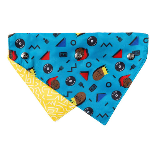 Reversible FuzzYard Pet Bandana in sky blue with hip hop prints and yellow abstract pattern.