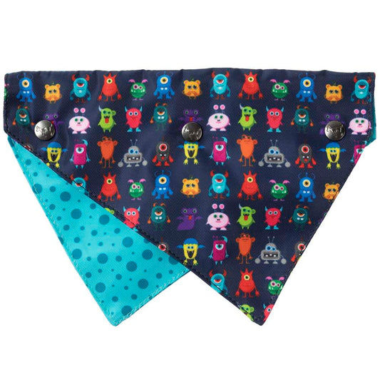 Reversible FuzzYard Pet Bandana (Yardster) with colorful monster print on dark blue and blue polka dots.