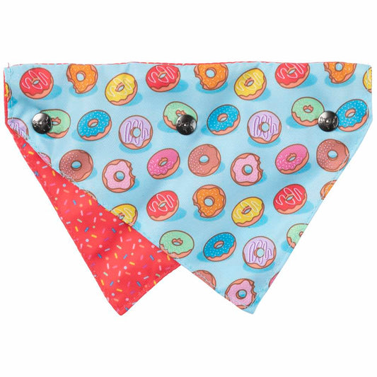 Reversible FuzzYard pet bandana with colorful donuts on light blue and red sprinkles on red.