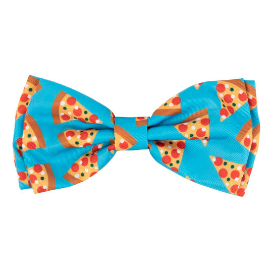 FuzzYard Pet Bow Tie in blue polyester with a fun pizza slice print and velcro loop.