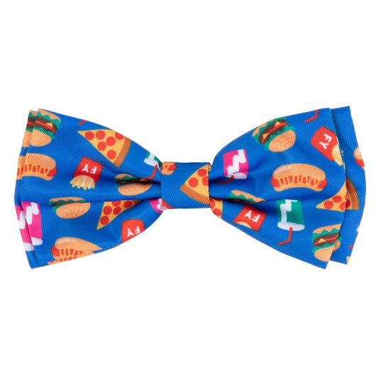 Blue polyester pet bow tie with colorful fast food print: burgers, pizza, hot dogs, and drinks.