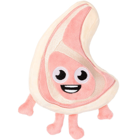 FuzzYard Piggy Smalls plush dog toy, a pink and cream steak-shaped toy with a smiling face and small limbs.