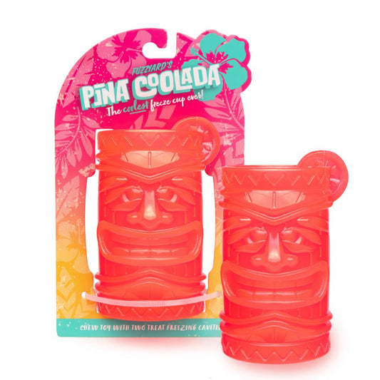 FuzzYard Pina Coolada dog toy, a bright orange tiki-style cup with two treat cavities, shown in and out of its tropical packaging.