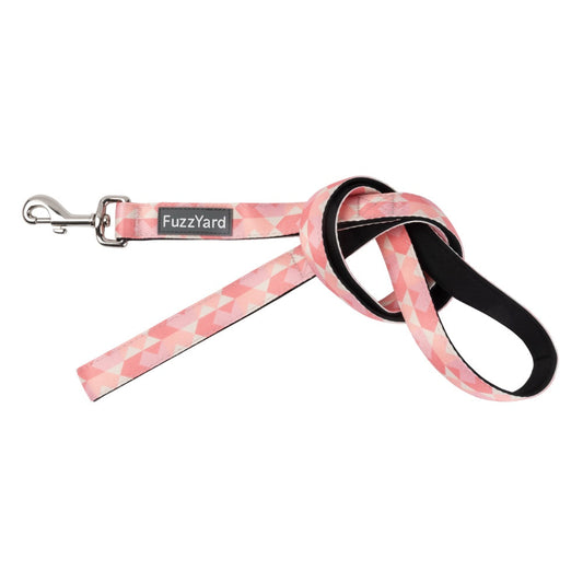 FuzzYard Pink Lemonade dog lead with geometric pink design, neoprene material, and 360° rotating clasp.