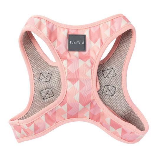 FuzzYard Pink Lemonade step-in dog harness with geometric pink pattern, grey mesh, and FuzzYard logo.