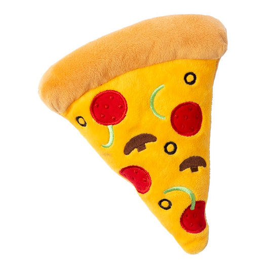 FuzzYard Pizza Plush Toy: a soft, yellow, triangular dog toy with red pepperoni, brown mushrooms, and green peppers.