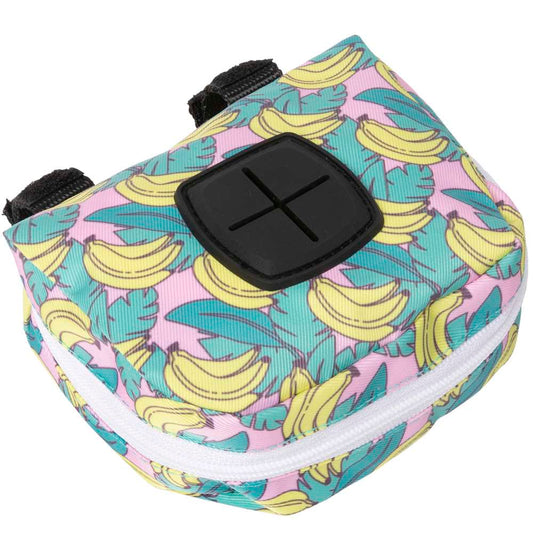 FuzzYard Bananarama poop dispenser bag with yellow bananas, green leaves, pink background, and black rubber opening.