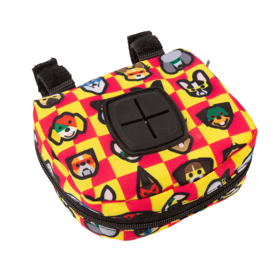 FuzzYard Doggoforce poop bag dispenser, red and yellow checkered polyester with cartoon dog faces.