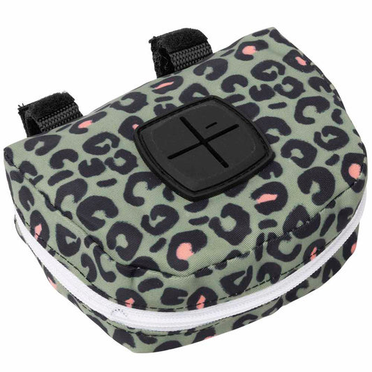 FuzzYard Poop Dispenser Bag in Savanna print, featuring green, black, and pink leopard spots, a white zipper, and black velcro loops.