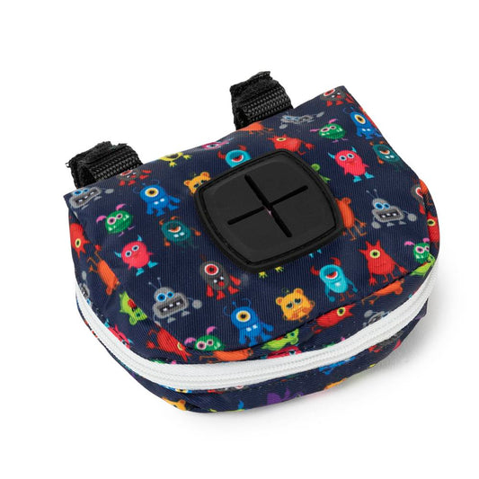 FuzzYard Poop Dispenser Bag in Yardsters print, a navy polyester pouch with colorful monster characters, white zipper, and black bag dispenser.