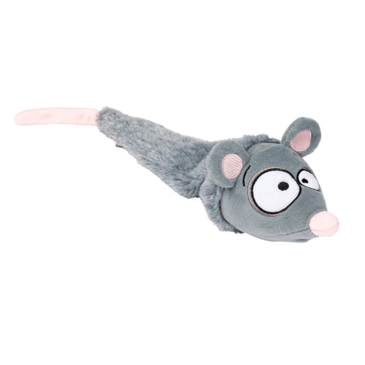 Gray plush rat dog toy with pink ears, nose, and tail, featuring an embroidered face.