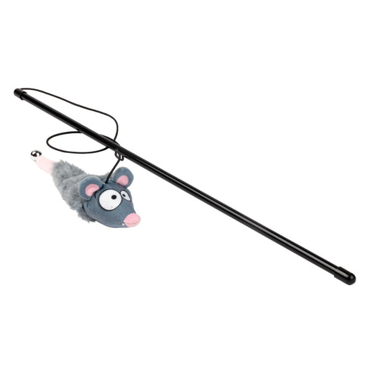 FuzzYard Rack Off Rat Stick Cat Toy: a gray plush rat with pink ears and nose, attached to a black stick.