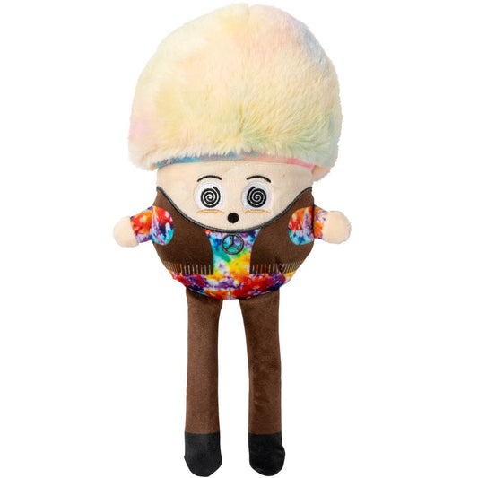 FuzzYard Rainbow Mushroom plush dog toy with a fluffy tie-dye cap, brown vest, and peace sign.