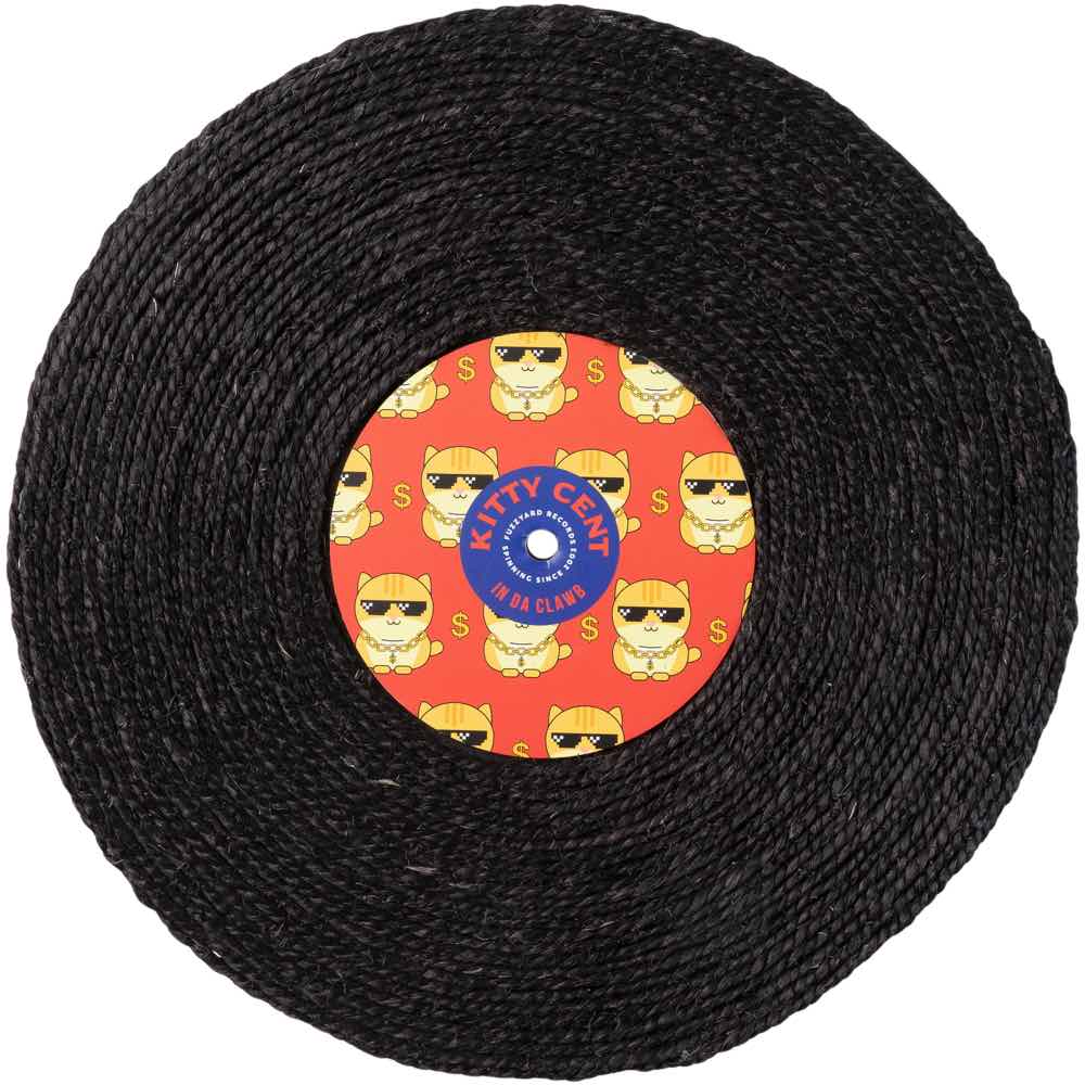 Black sisal rope cat scratcher shaped like a record, with a red "Kitty Cent" label featuring cartoon cats.