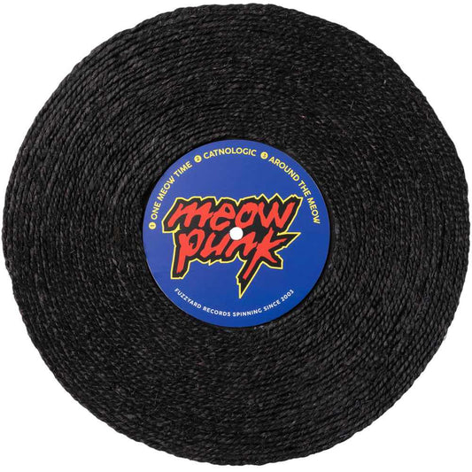 Black sisal rope cat scratcher shaped like a record with a blue "Meow Punk" label.