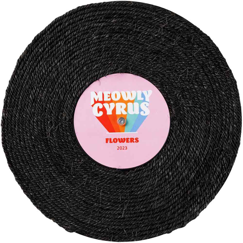 Black sisal rope cat scratcher designed as a record, with a pink "Meowly Cyrus Flowers 2023" label.