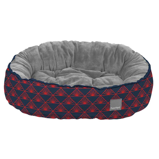 FuzzYard Reversible Dog Bed in Charleston with a navy and red geometric print, soft grey interior.
