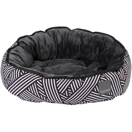 FuzzYard Reversible Dog Bed (Northcote) with black and white geometric pattern and plush grey interior.