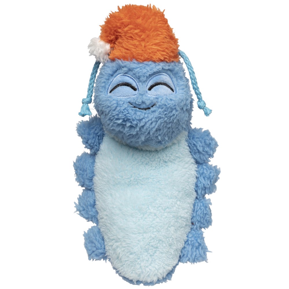 FuzzYard Rolly The Bed Bug plush dog toy, blue and light blue, wearing an orange Santa hat.