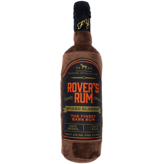 FuzzYard Rover's Rum plush dog toy, a brown rum bottle with a black label and fuzzy top.